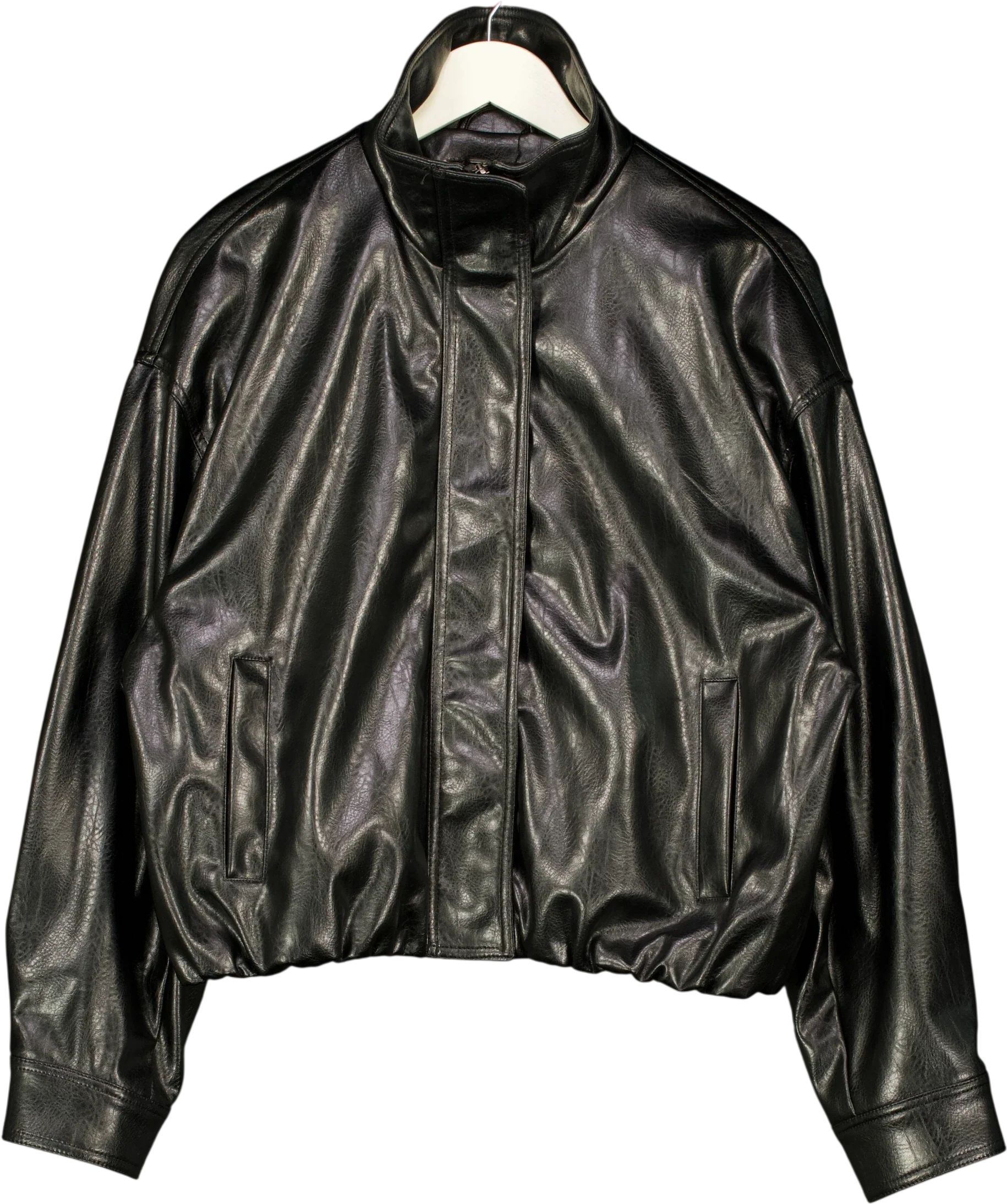 ZARA Black FAUX LEATHER GATHERED HEM FUNNEL NECK JACKET, size UK S — front