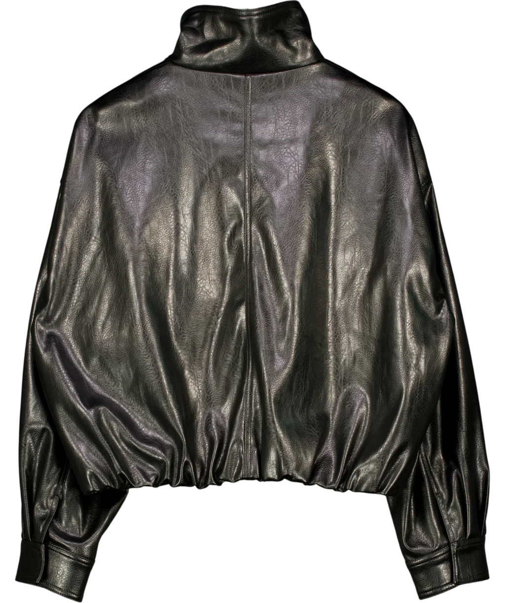 ZARA Black FAUX LEATHER GATHERED HEM FUNNEL NECK JACKET, size UK S — back