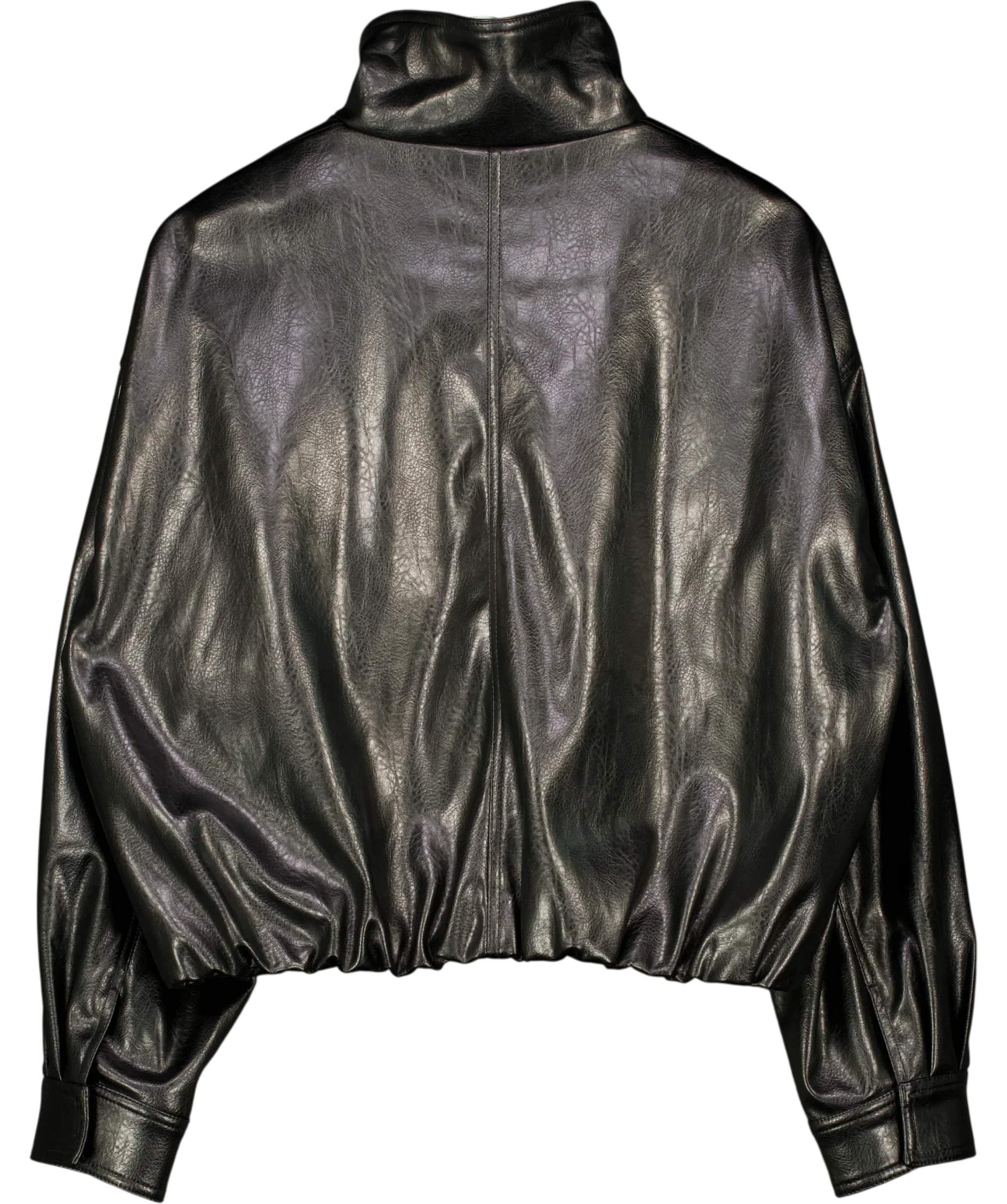 ZARA Black FAUX LEATHER GATHERED HEM FUNNEL NECK JACKET, size UK S — back