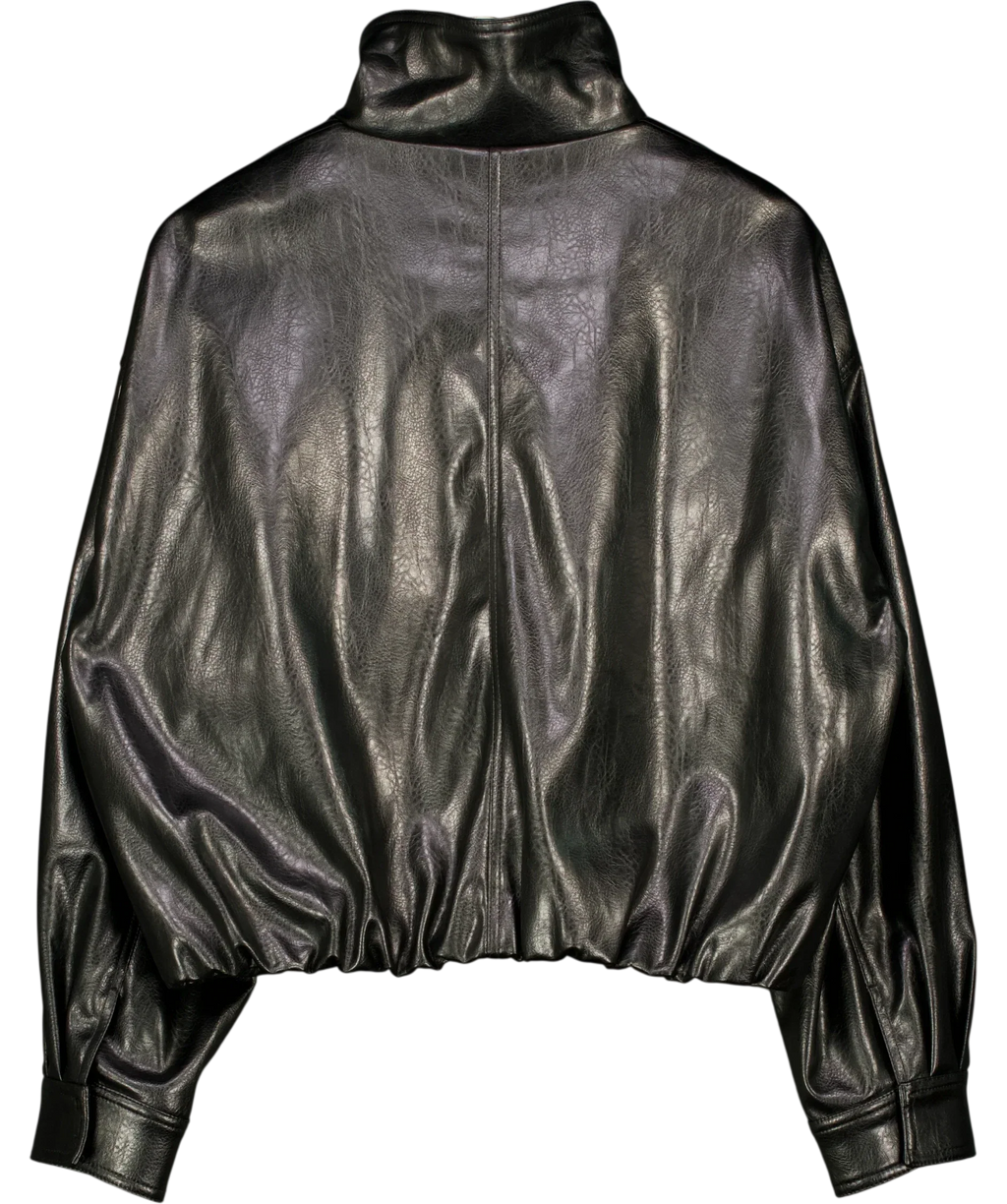 ZARA Black FAUX LEATHER GATHERED HEM FUNNEL NECK JACKET, size UK S — back