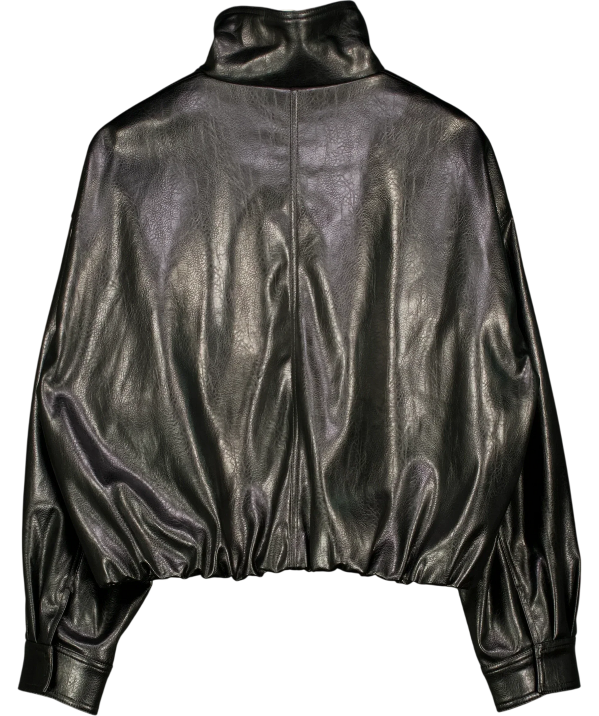ZARA Black FAUX LEATHER GATHERED HEM FUNNEL NECK JACKET, size UK S — back
