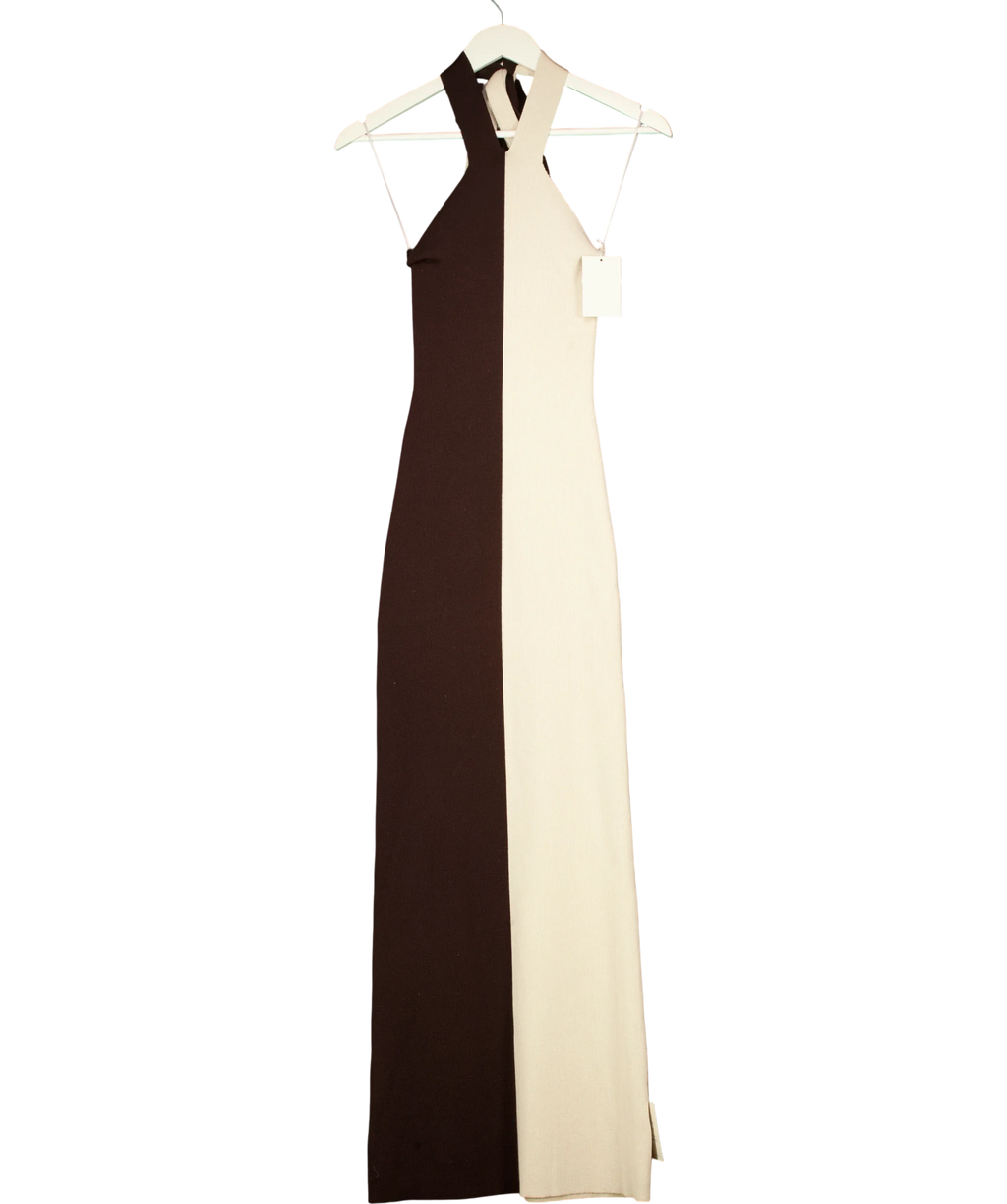 PRETTY LAVISH Brown Berkley Contrast Knit Maxi Dress Beige and Chocolate Brown, size UK XS — front