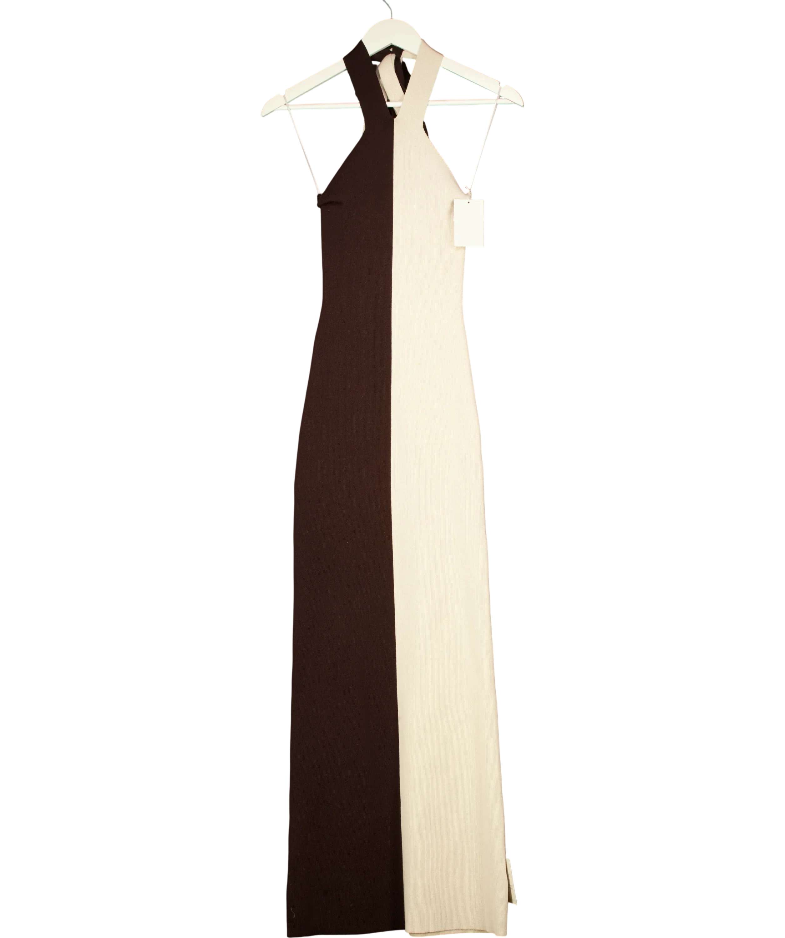 PRETTY LAVISH Brown Berkley Contrast Knit Maxi Dress Beige and Chocolate Brown, size UK XS — front