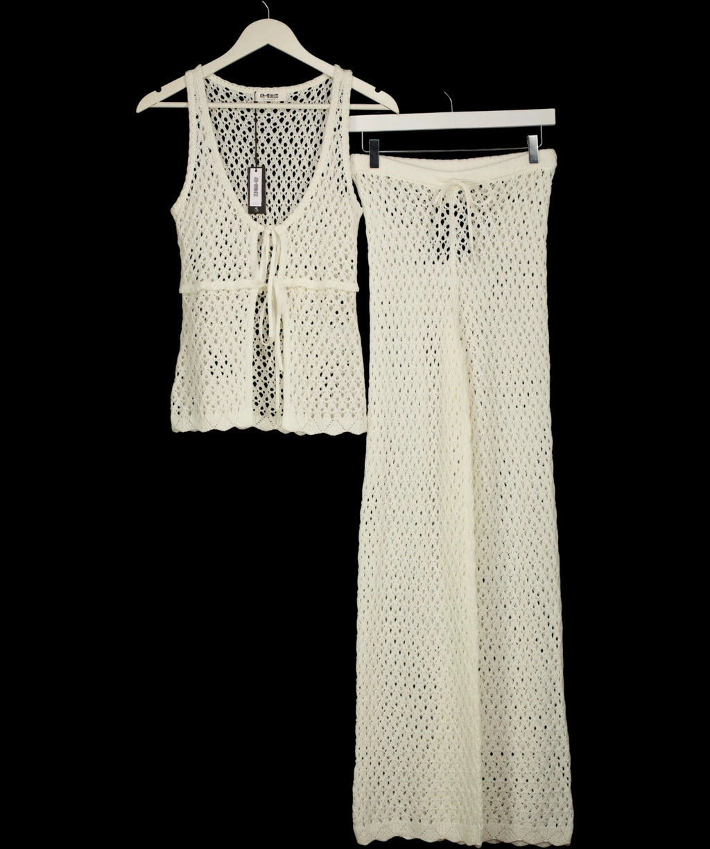 4th & Reckless White Katerina Crochet Tie Front Top (UK 8)  & Trousers (UK 6) Set Off White, size UK XS/S — detail