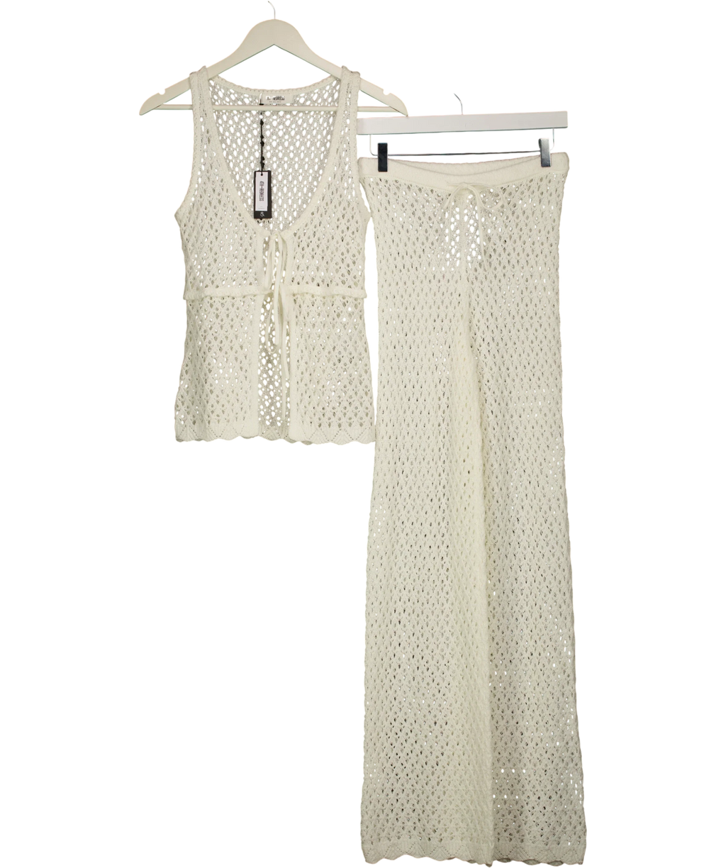 4th & Reckless White Katerina Crochet Tie Front Top (UK 8)  & Trousers (UK 6) Set Off White, size UK XS/S — front