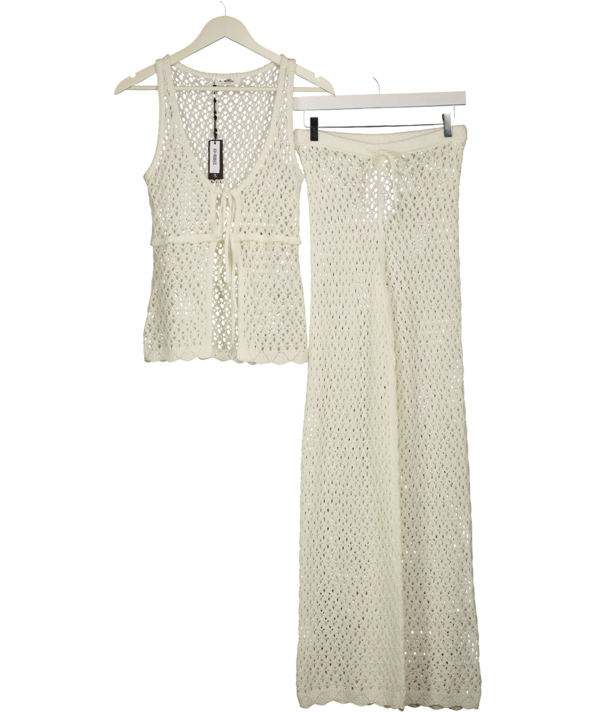 4th & Reckless White Katerina Crochet Tie Front Top (UK 8)  & Trousers (UK 6) Set Off White, size UK XS/S — front