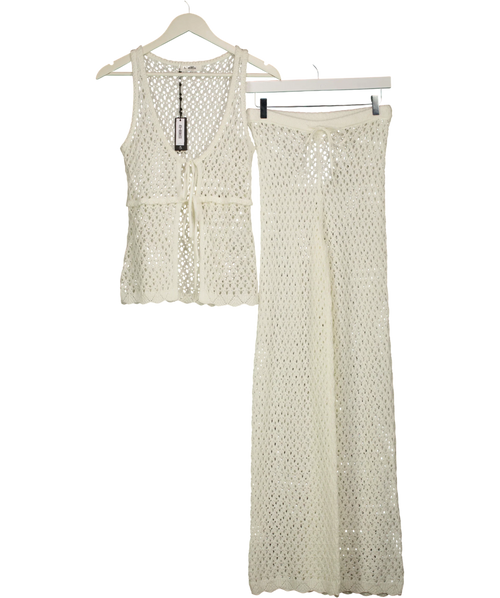 4th & Reckless White Katerina Crochet Tie Front Top (UK 8)  & Trousers (UK 6) Set Off White, size UK XS/S — front
