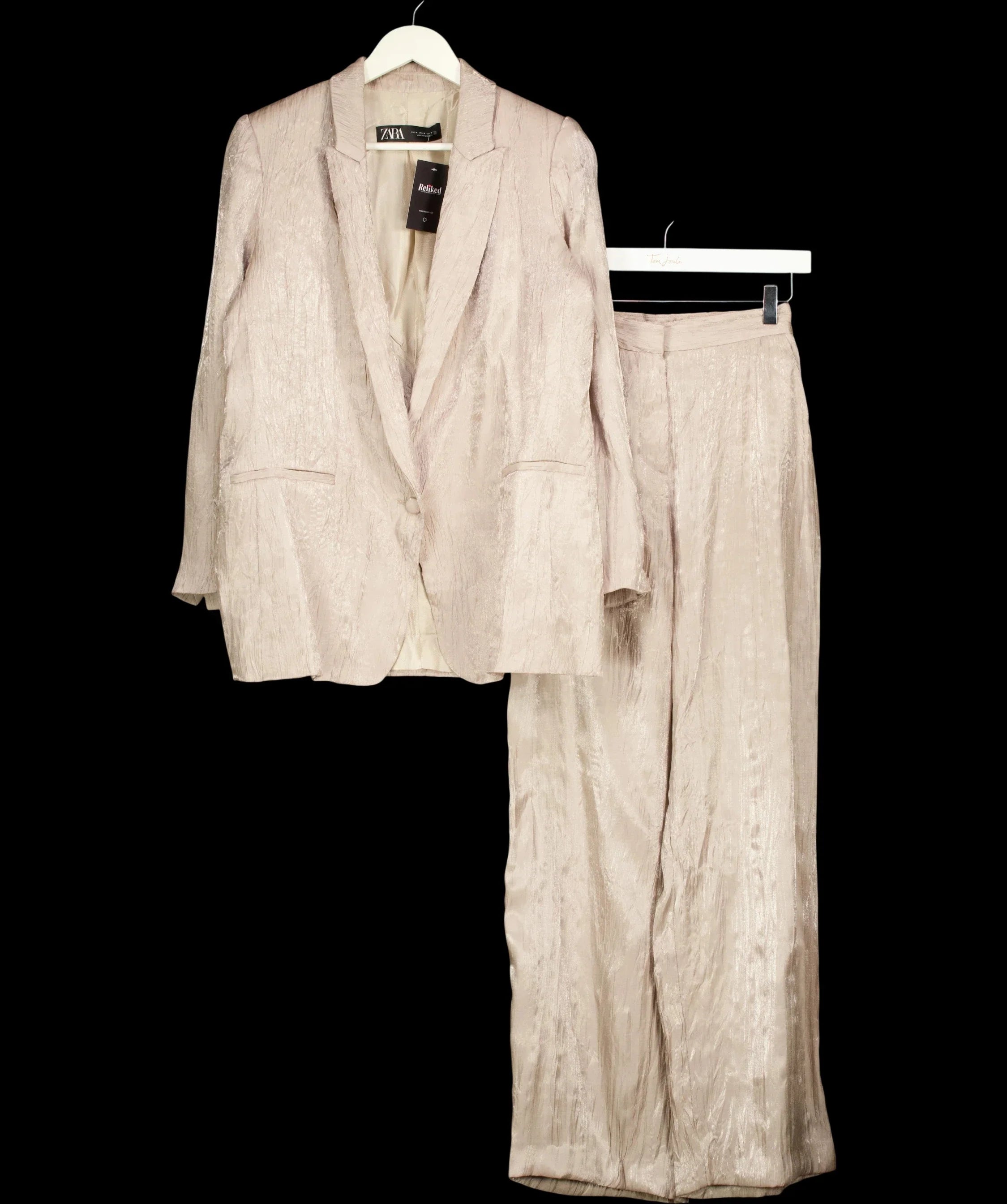 ZARA Beige Metallic Wrinkle Effect Tailored Suit Two Piece Set Champagne Jacket Size M Trousers, size UK XS — detail