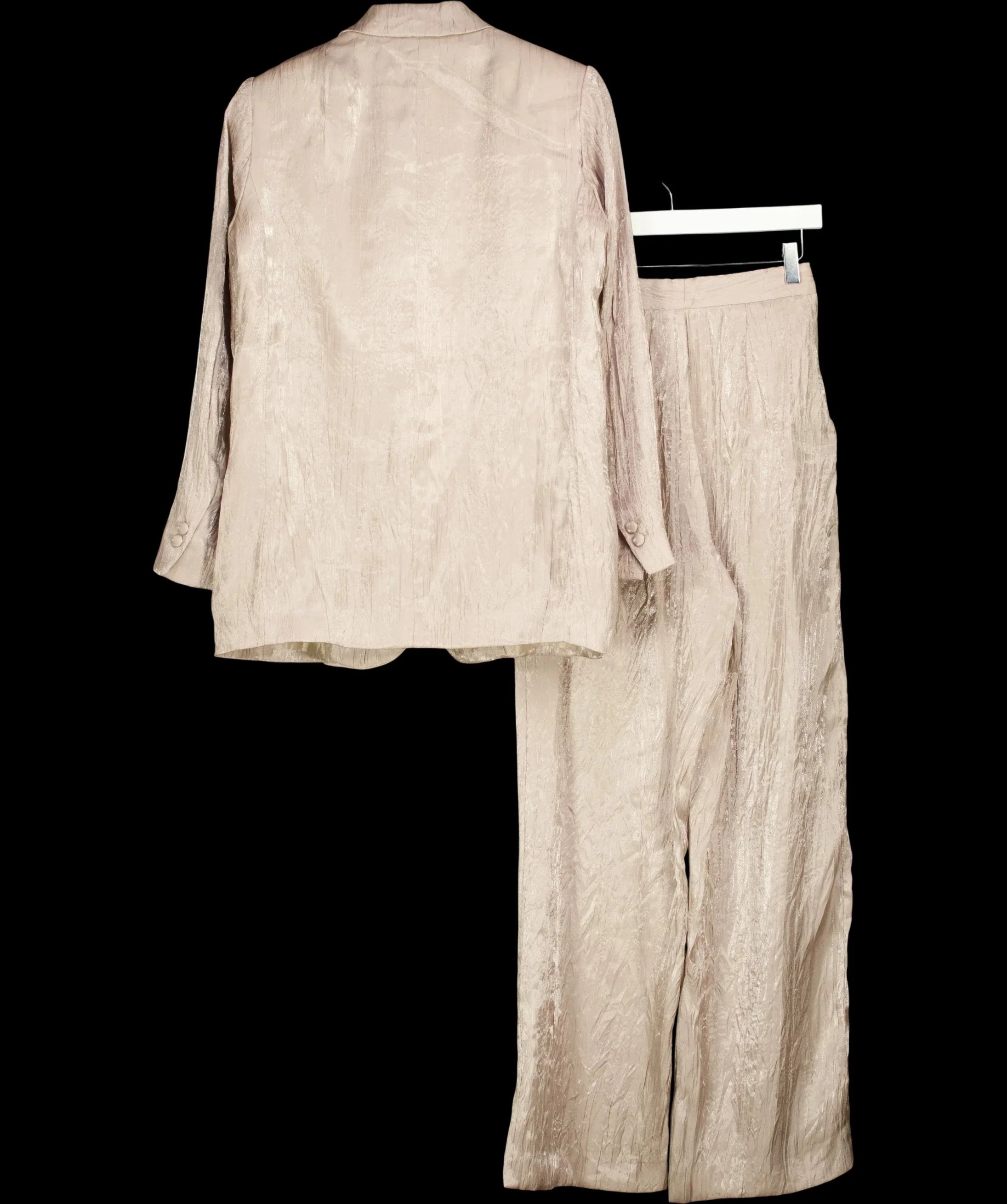 ZARA Beige Metallic Wrinkle Effect Tailored Suit Two Piece Set Champagne Jacket Size M Trousers, size UK XS — label