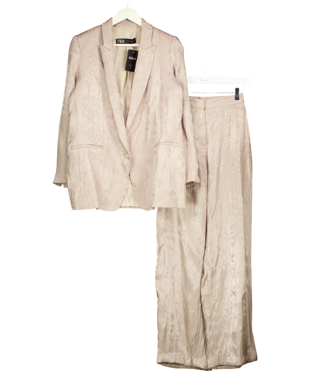 ZARA Beige Metallic Wrinkle Effect Tailored Suit Two Piece Set Champagne Jacket Size M Trousers, size UK XS — front