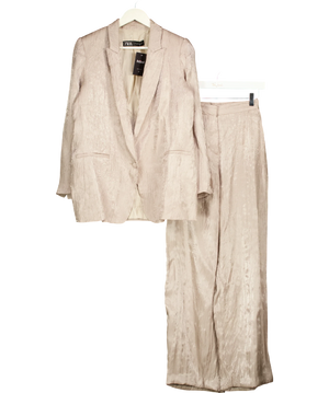 ZARA Beige Metallic Wrinkle Effect Tailored Suit Two Piece Set Champagne Jacket Size M Trousers UK XS