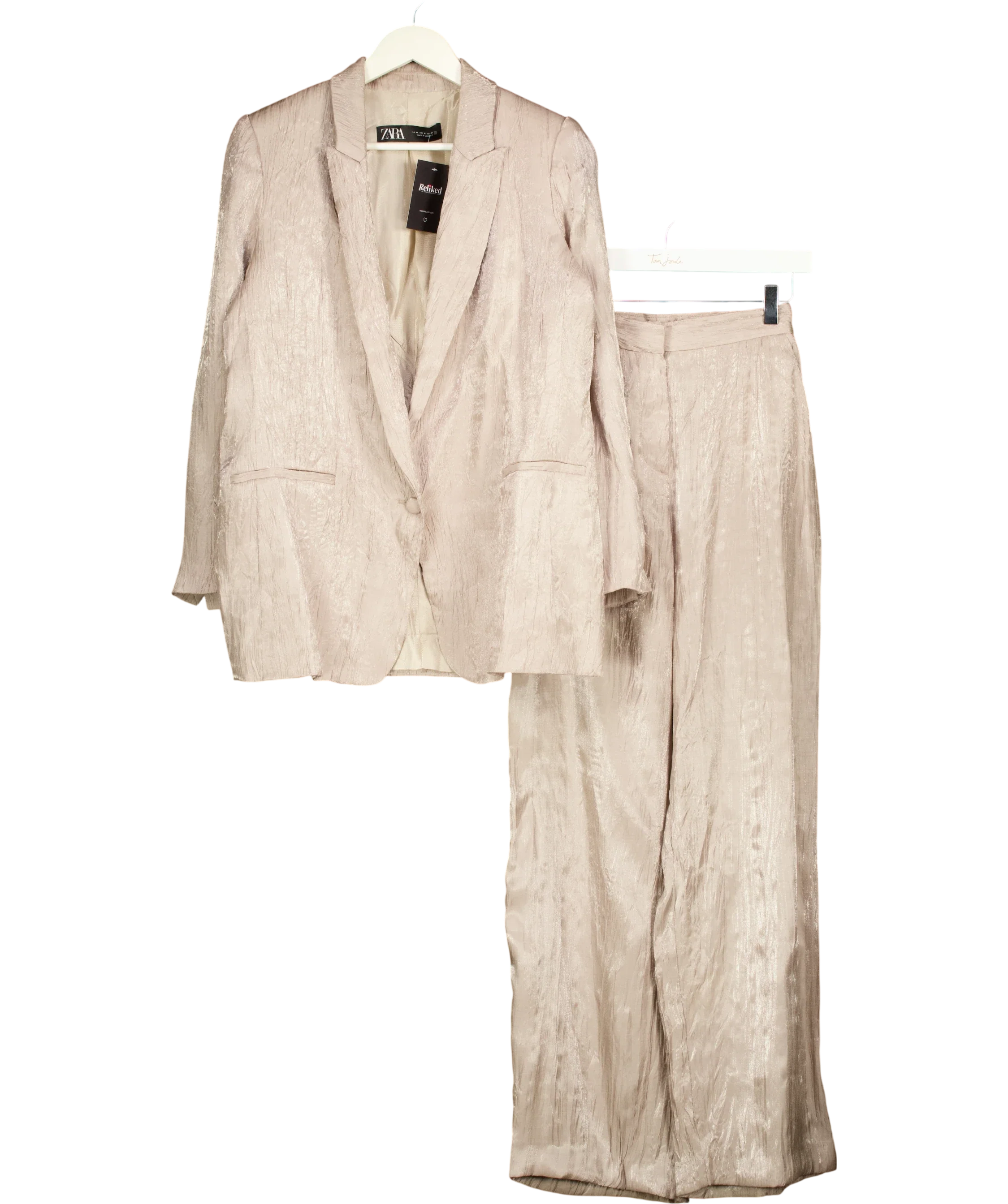 ZARA Beige Metallic Wrinkle Effect Tailored Suit Two Piece Set Champagne Jacket Size M Trousers, size UK XS — front