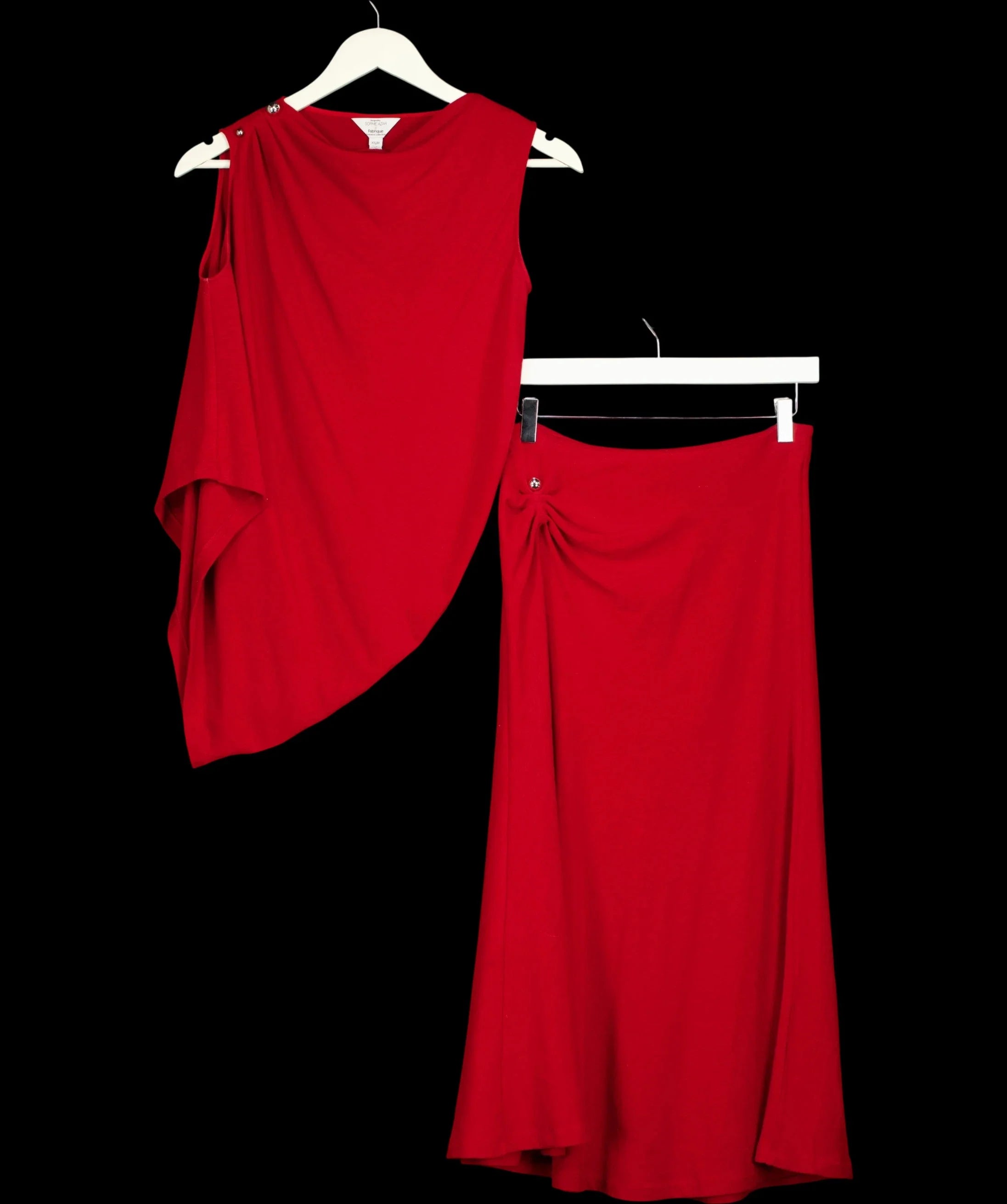 Fabrique Red x Sophie Azar Florence Asymmetrical Draped Top and Skirt Two Piece Set Red, size UK XS — label
