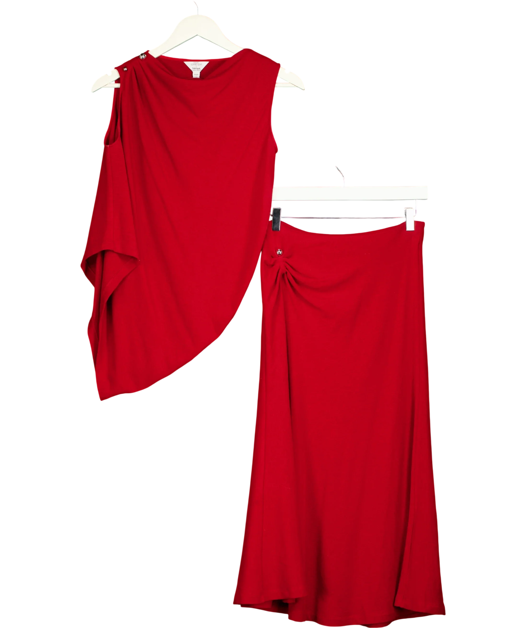 Fabrique Red x Sophie Azar Florence Asymmetrical Draped Top and Skirt Two Piece Set Red, size UK XS — front