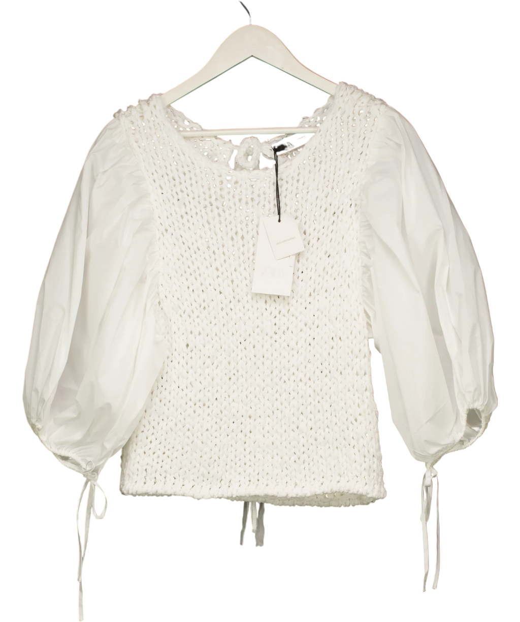 ZARA White Puff Slleve Combined Knit Jumpe UK M — Front