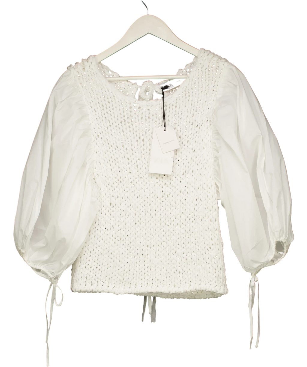 ZARA White Puff Slleve Combined Knit Jumpe UK M — Front