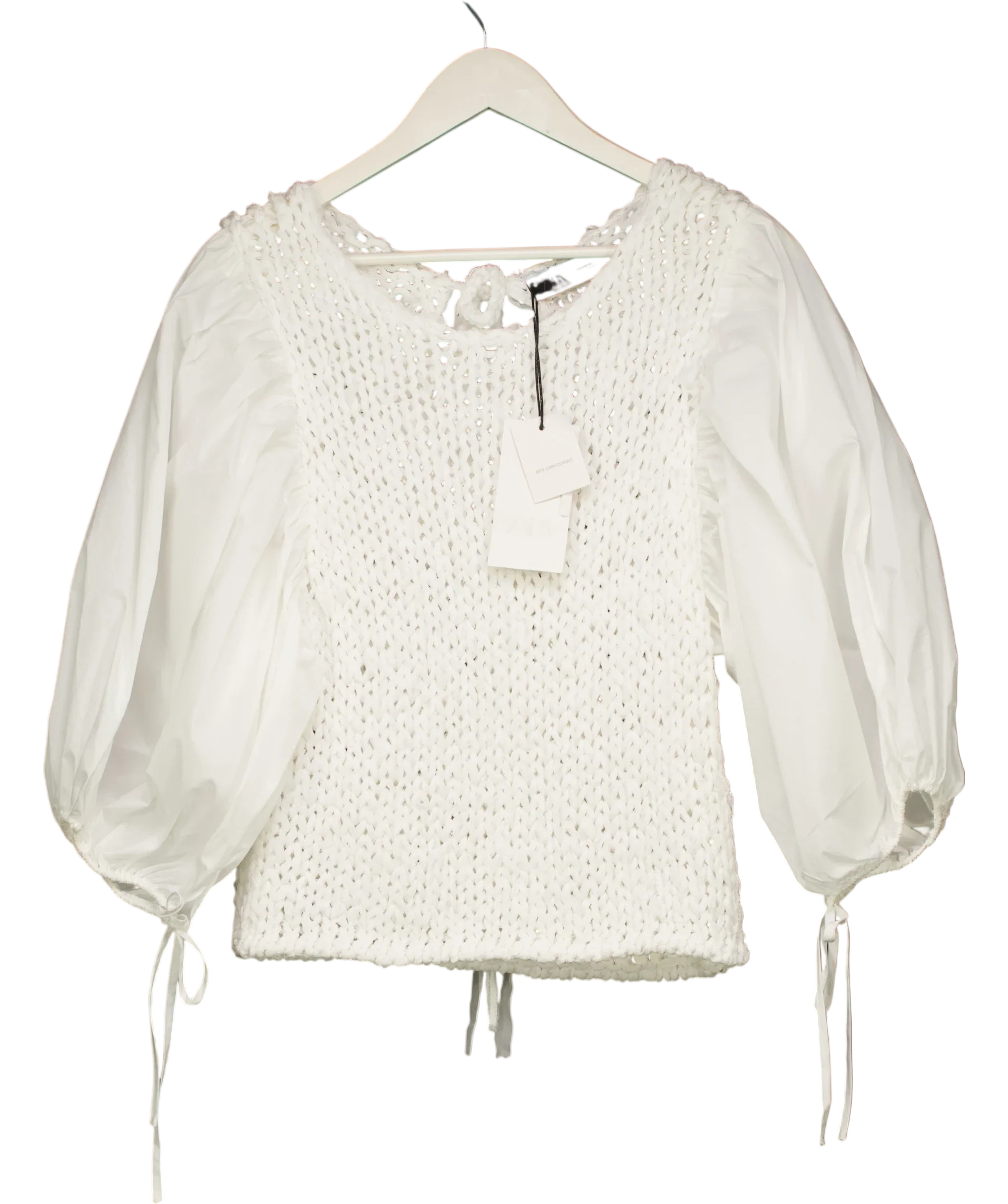 ZARA White Puff Slleve Combined Knit Jumpe UK M — Front