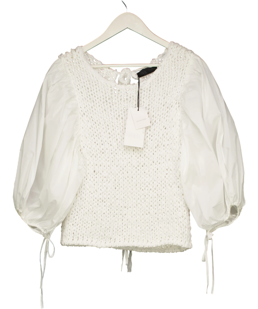 ZARA White Puff Slleve Combined Knit Jumpe UK M — Back