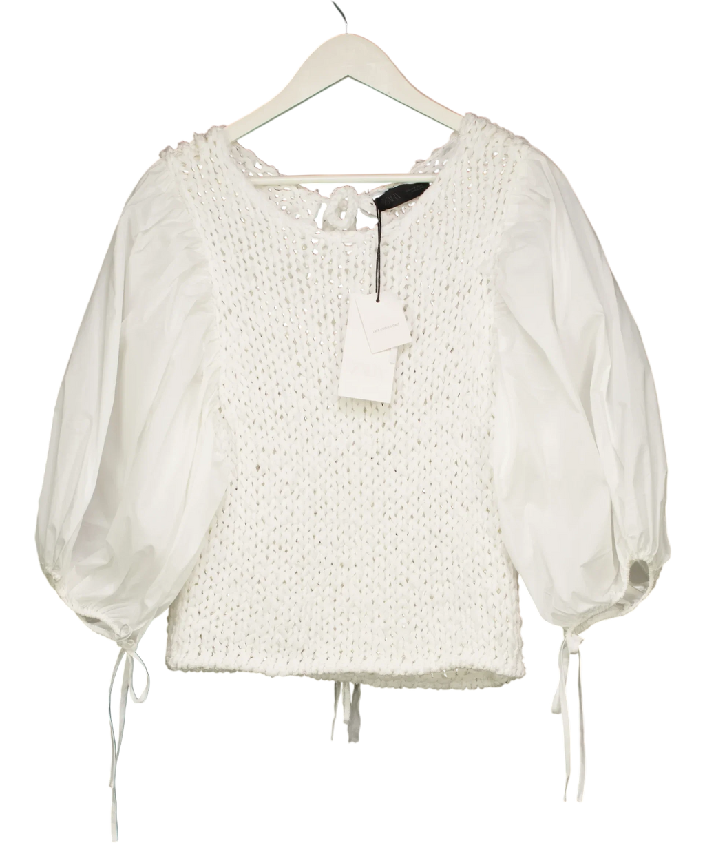 ZARA White Puff Slleve Combined Knit Jumpe UK M — Back