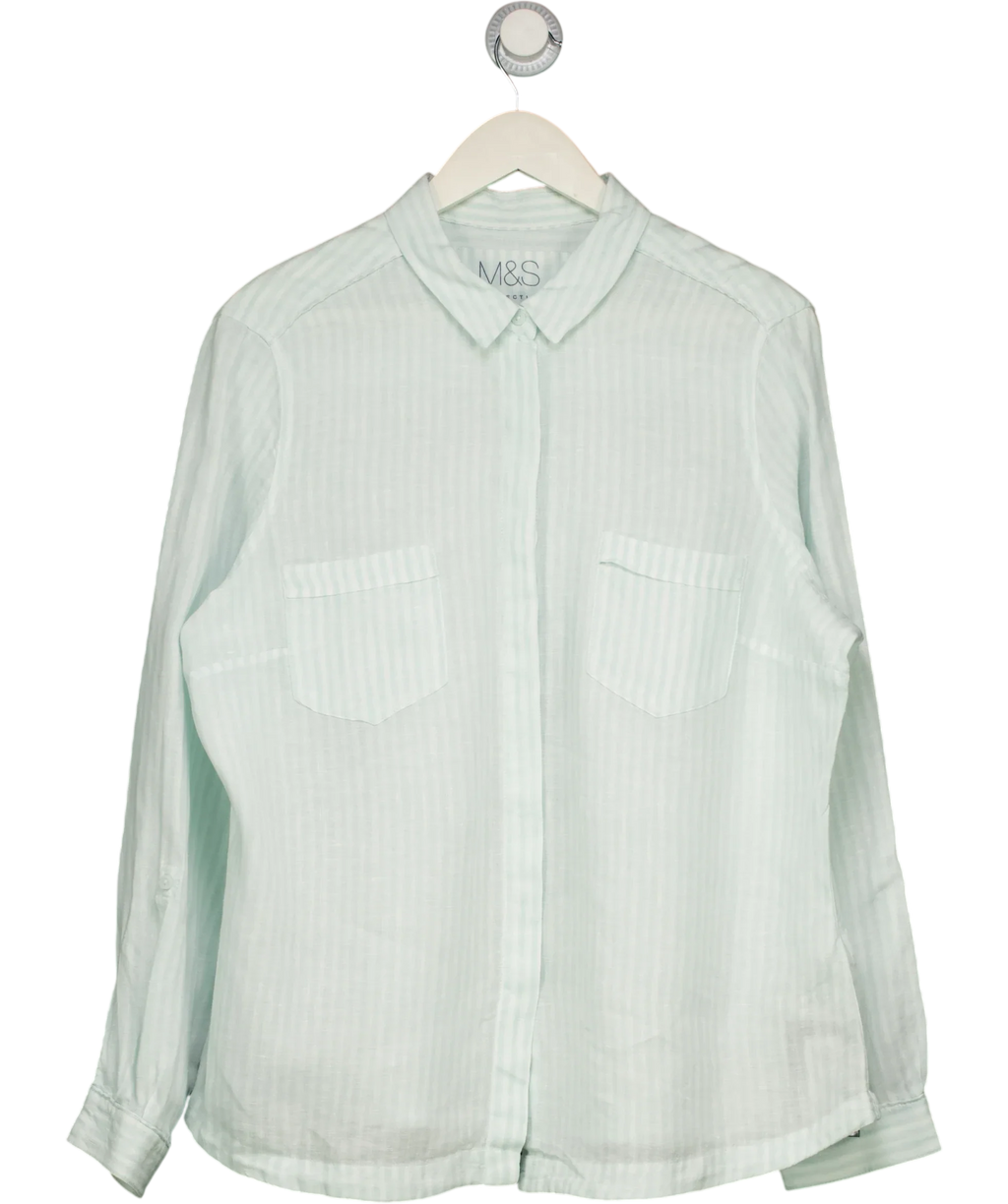 M&S Pure Linen Aqua Blue Striped Shirt UK 18 — Front