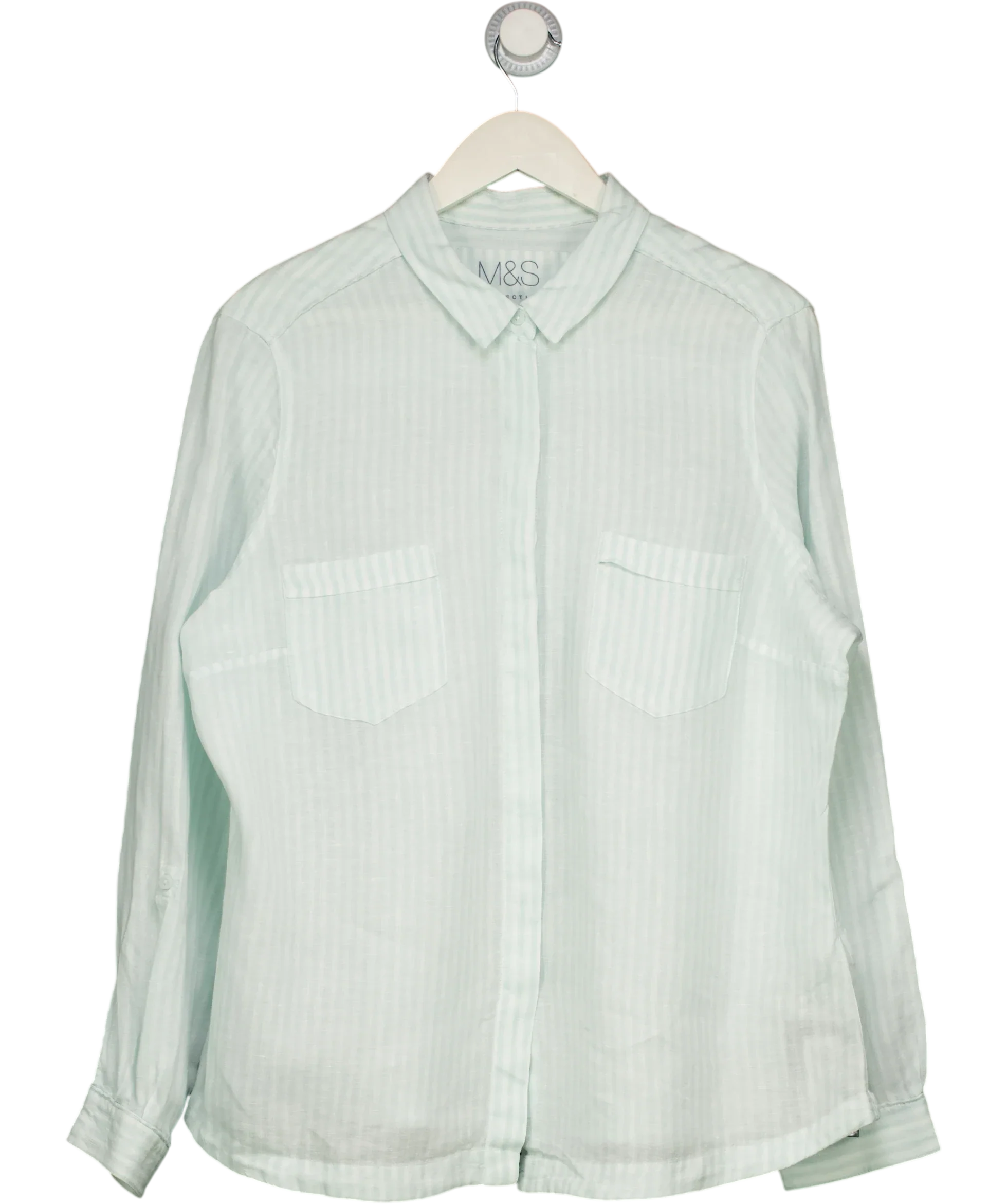 M&S Pure Linen Aqua Blue Striped Shirt UK 18 — Front