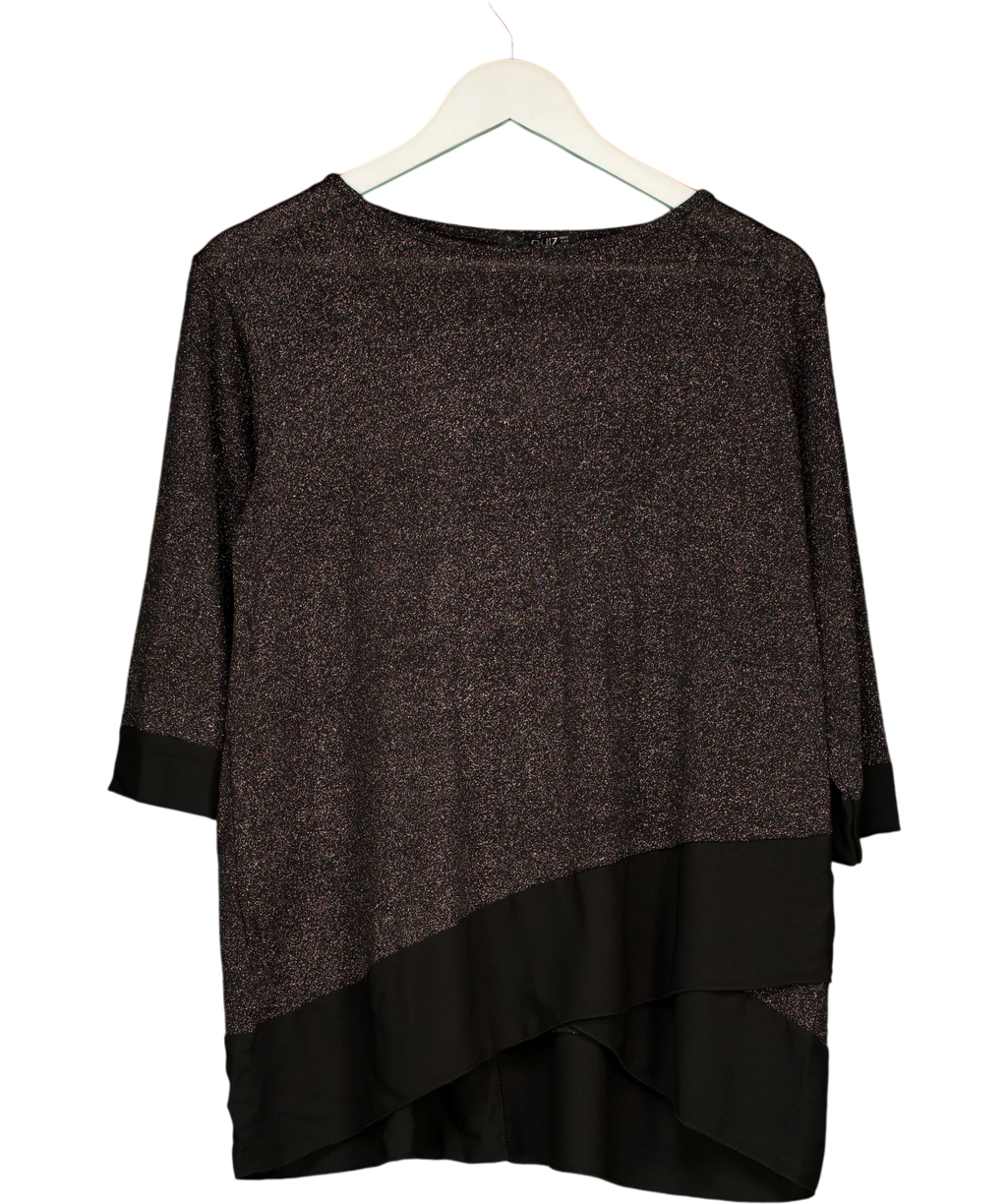 QUIZ Black Metallic Knit V Hem Top UK 12 — Front