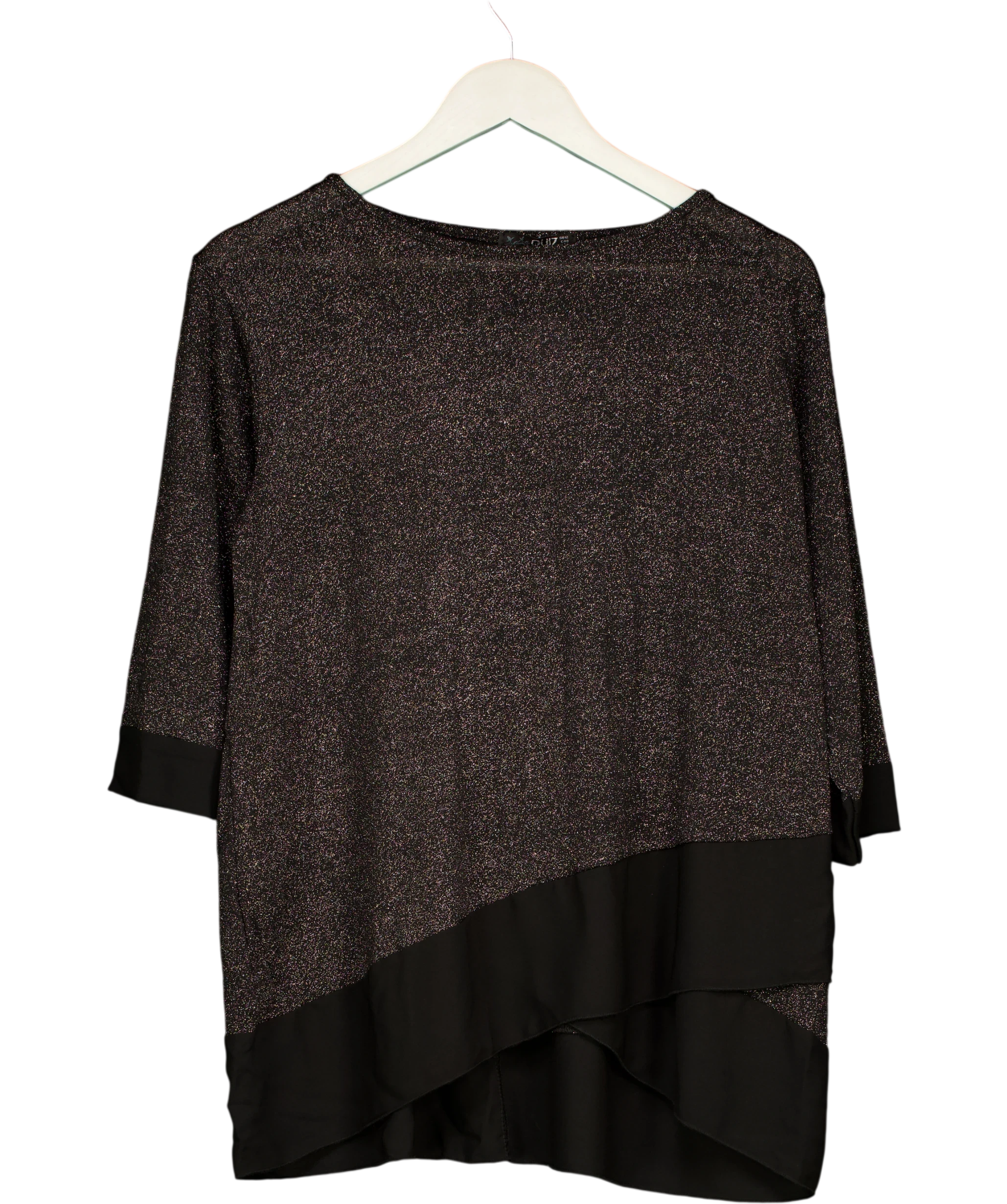QUIZ Black Metallic Knit V Hem Top UK 12 — Front