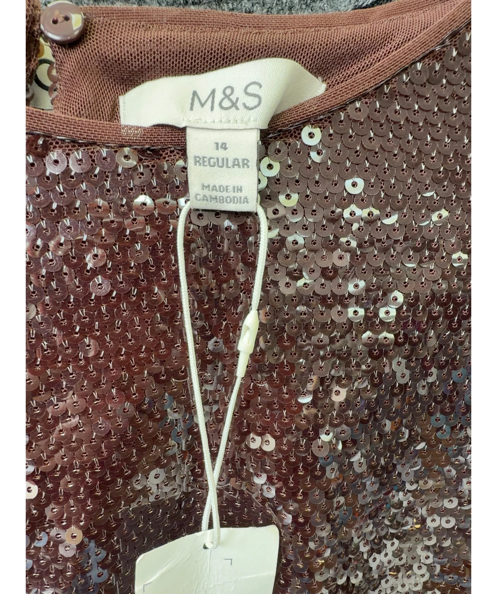 M&S Brown Chocolate Brown Sequin Round Neck Short Sleeve Top, size UK 14 — detail