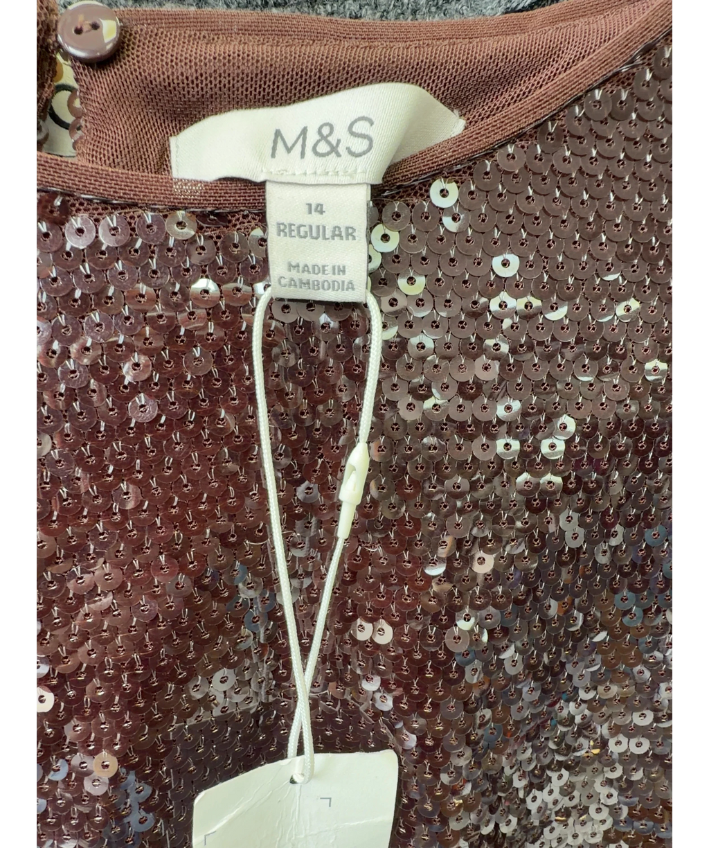 M&S Brown Chocolate Brown Sequin Round Neck Short Sleeve Top, size UK 14 — detail