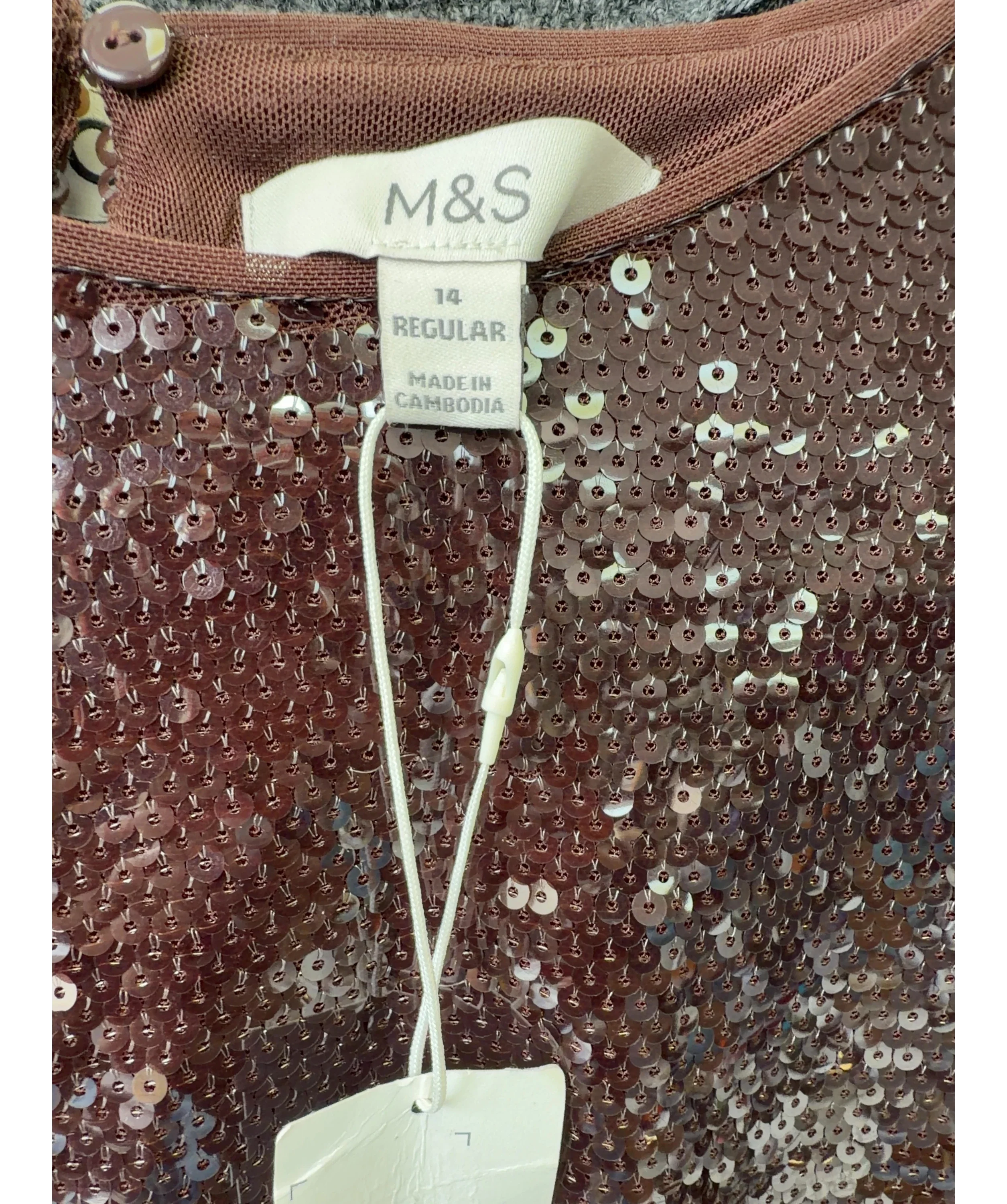 M&S Brown Chocolate Brown Sequin Round Neck Short Sleeve Top, size UK 14 — detail