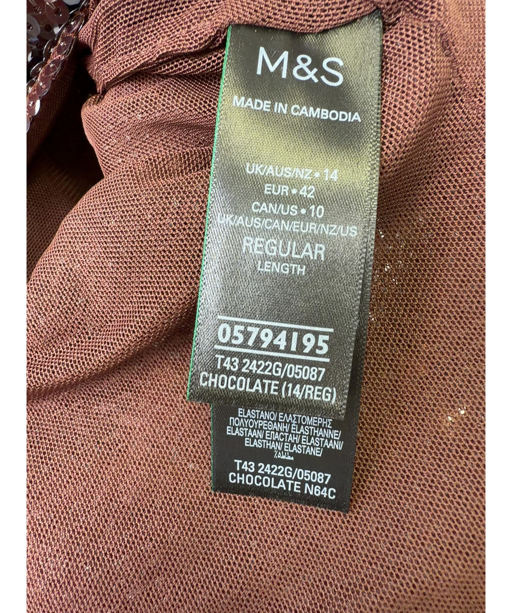 M&S Brown Chocolate Brown Sequin Round Neck Short Sleeve Top, size UK 14 — label