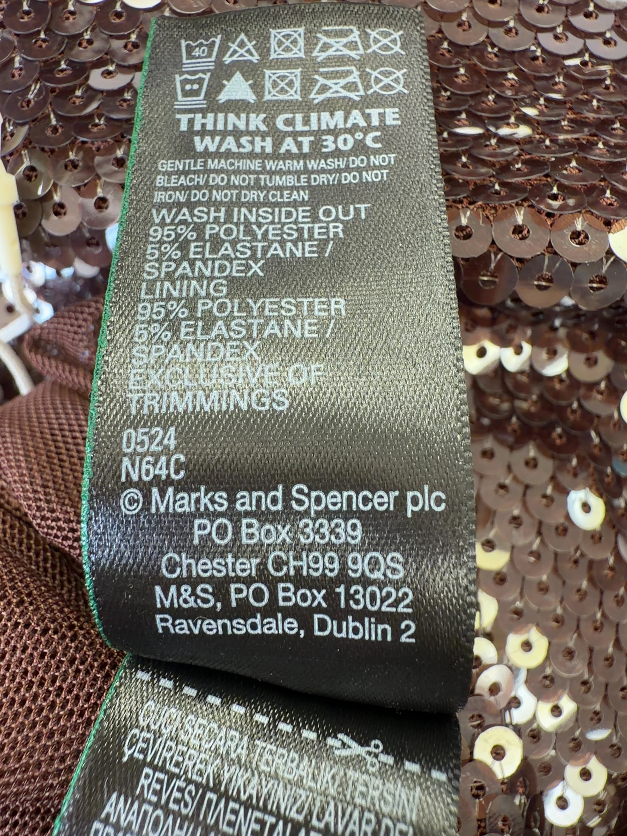 M&S Brown Chocolate Brown Sequin Round Neck Short Sleeve Top, size UK 14 — care label