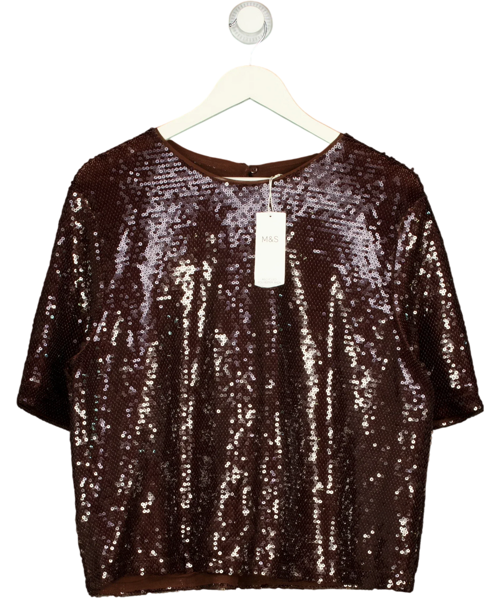 M&S Brown Chocolate Brown Sequin Round Neck Short Sleeve Top, size UK 14 — front