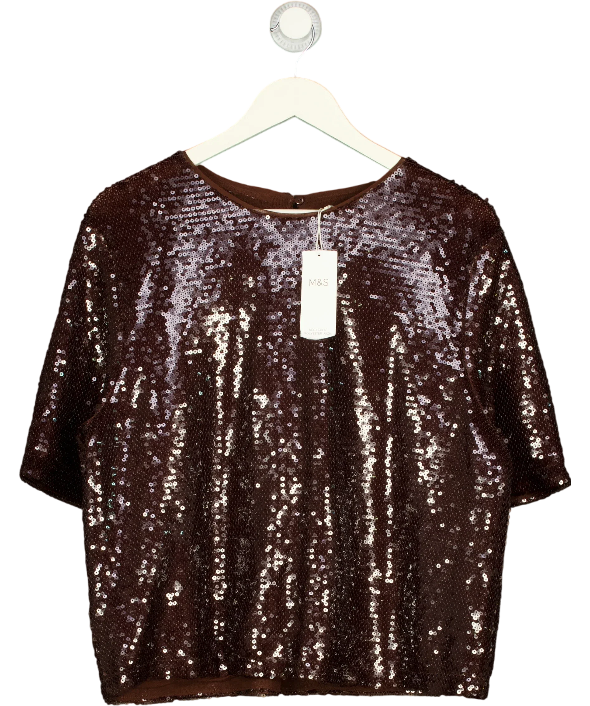 M&S Brown Chocolate Brown Sequin Round Neck Short Sleeve Top, size UK 14 — front