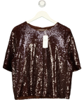 M&S Brown Chocolate Brown Sequin Round Neck Short Sleeve Top, size UK 14 — front