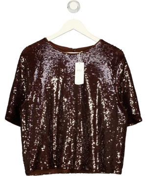 M&S Chocolate Brown Sequin Round Neck Short Sleeve Top UK 14