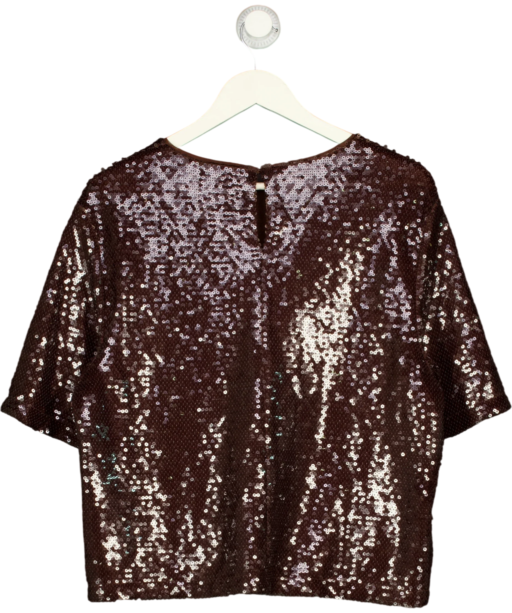 M&S Brown Chocolate Brown Sequin Round Neck Short Sleeve Top, size UK 14 — back
