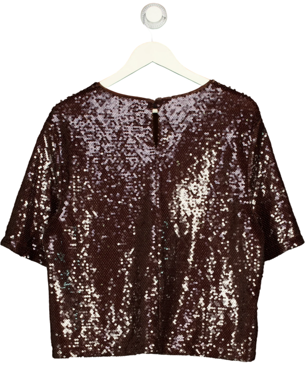 M&S Brown Chocolate Brown Sequin Round Neck Short Sleeve Top, size UK 14 — back