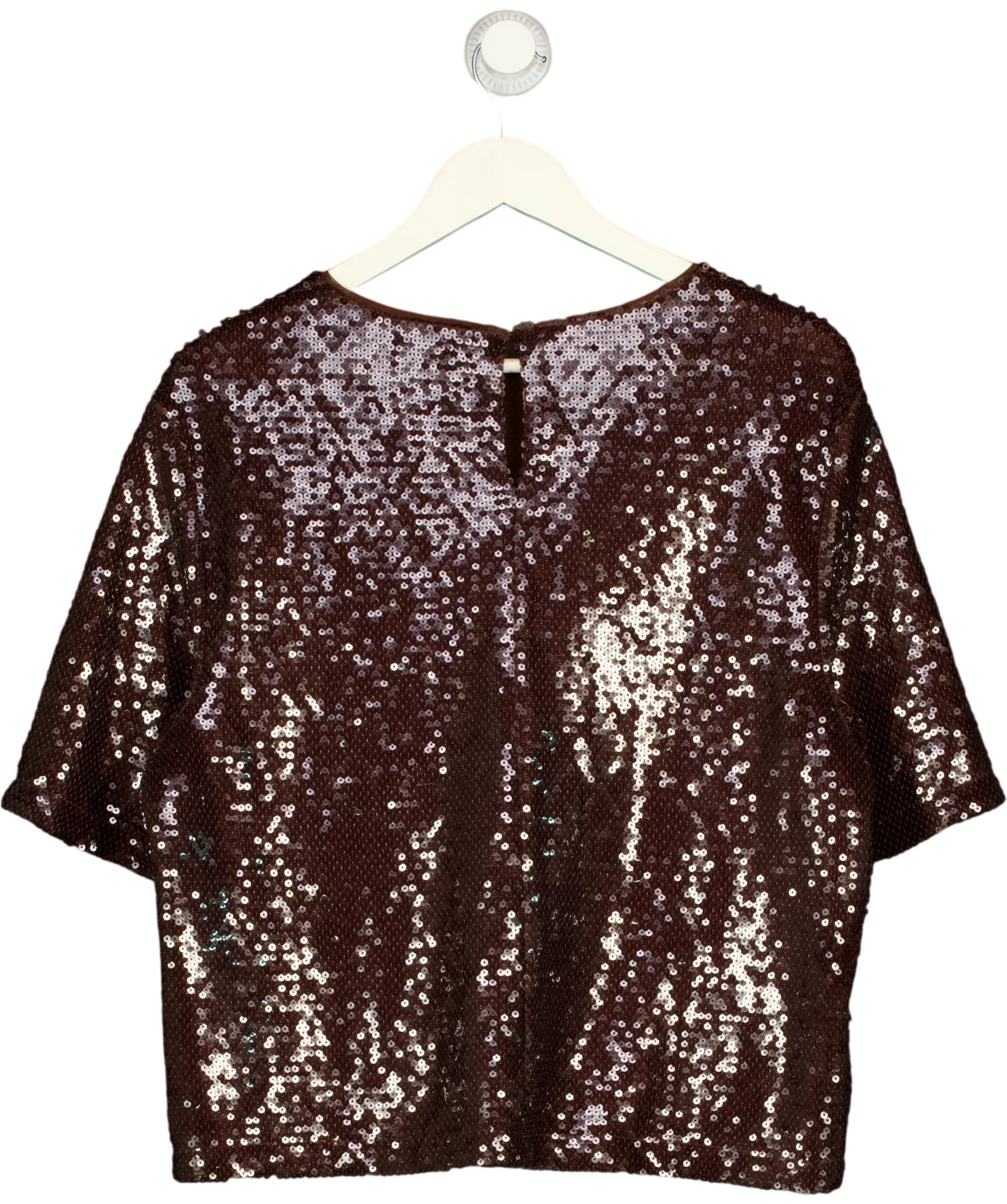 M&S Brown Chocolate Brown Sequin Round Neck Short Sleeve Top, size UK 14 — back