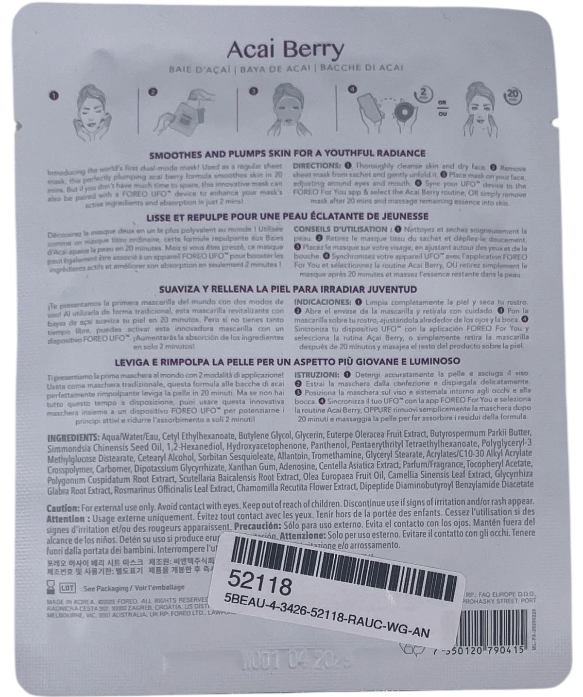 FOREO Acai Berry Smoothing Tencel Sheet Mask Purple, size 20g — back