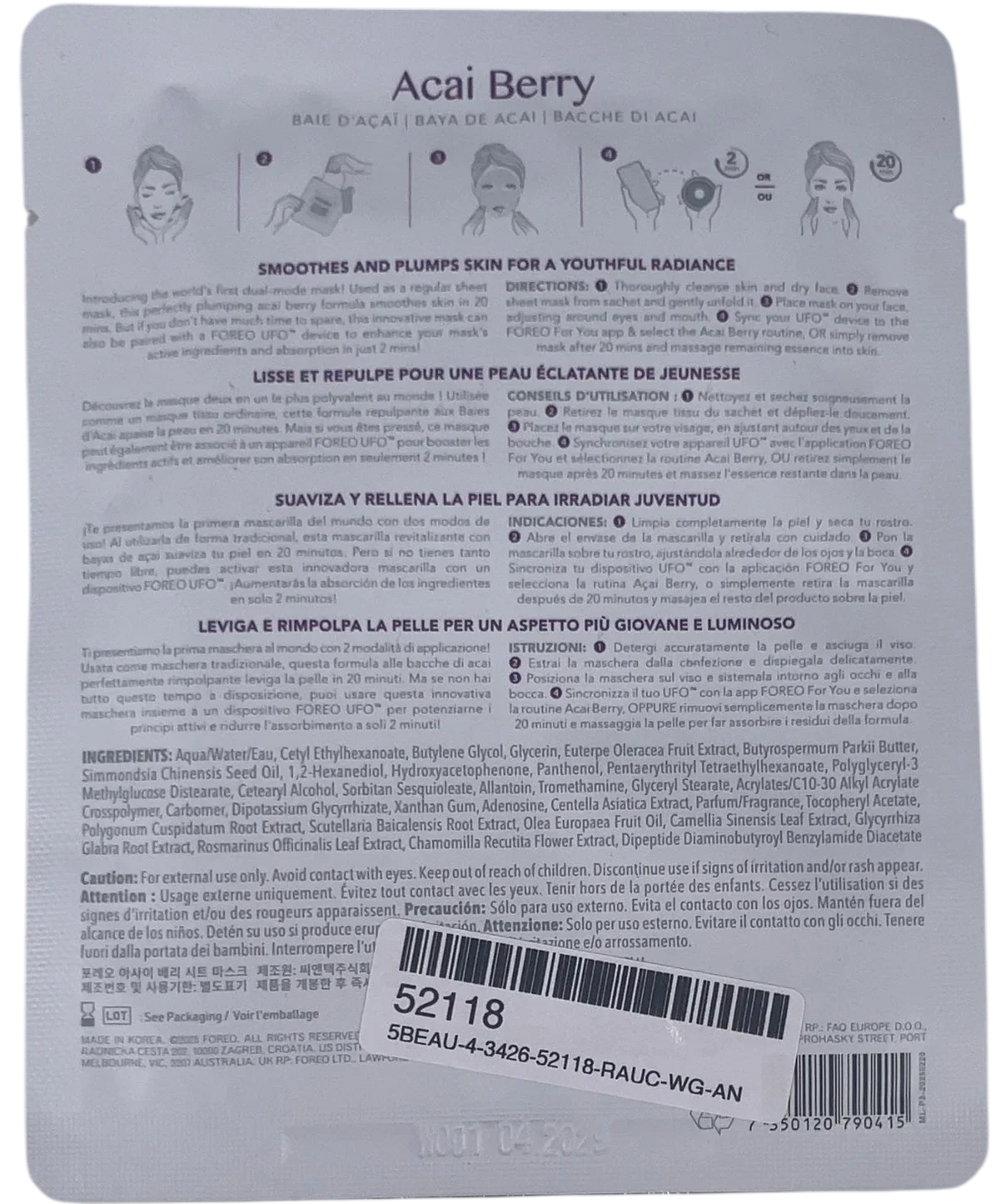 FOREO Acai Berry Smoothing Tencel Sheet Mask Purple, size 20g — back