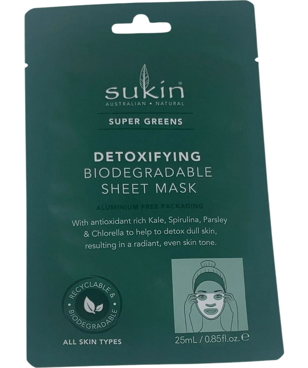 Sukin Universal Super Greens Detoxifying Biodegradable Sheet Mask Green, size 25ml — front