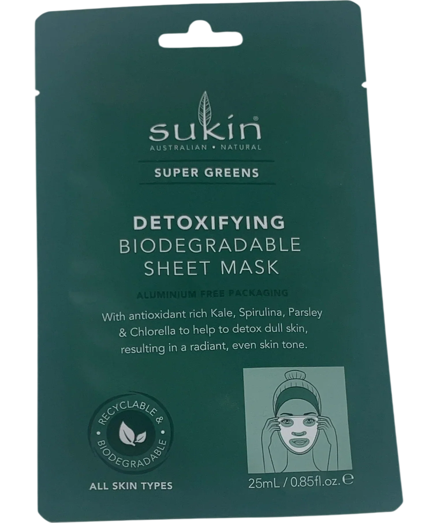 Sukin Universal Super Greens Detoxifying Biodegradable Sheet Mask Green, size 25ml — front