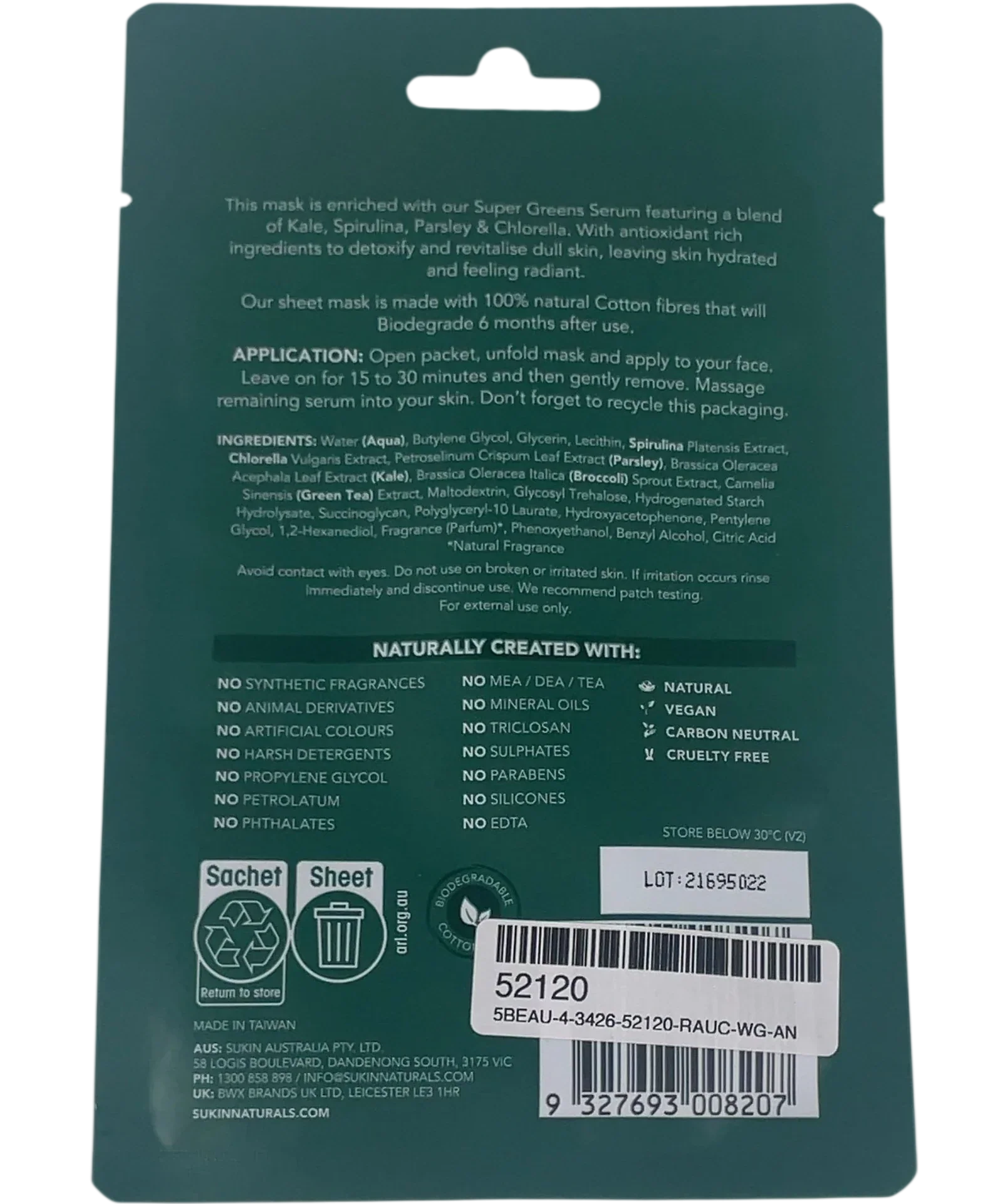 Sukin Universal Super Greens Detoxifying Biodegradable Sheet Mask Green, size 25ml — back