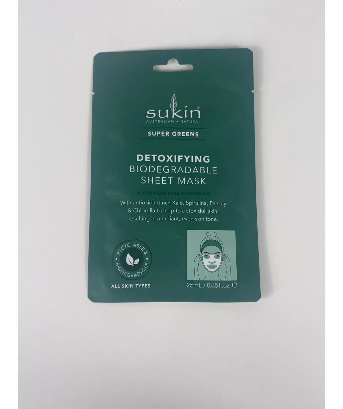 Sukin Universal Super Greens Detoxifying Biodegradable Sheet Mask Green, size 25ml — detail