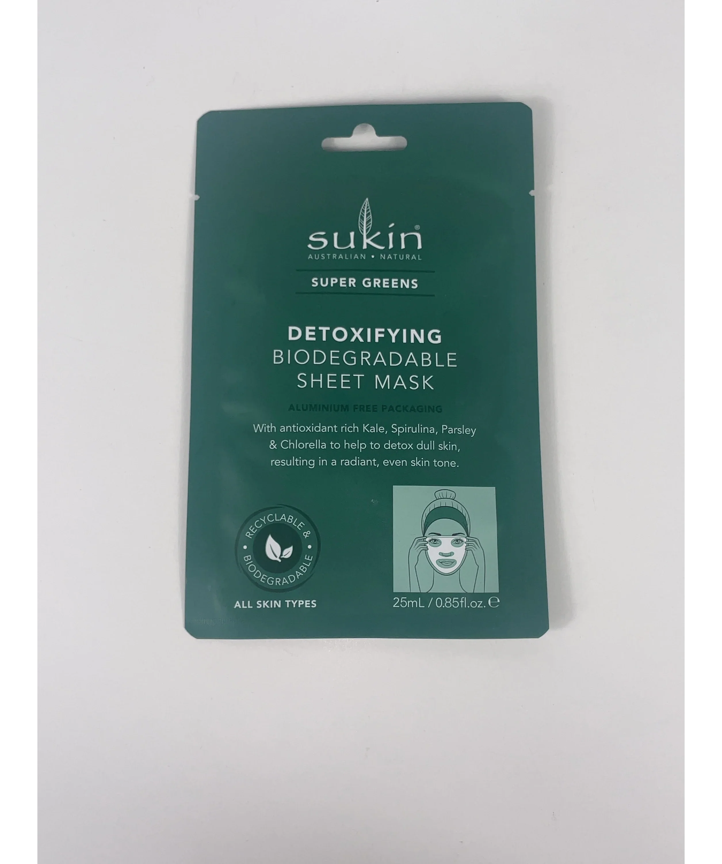 Sukin Universal Super Greens Detoxifying Biodegradable Sheet Mask Green, size 25ml — detail