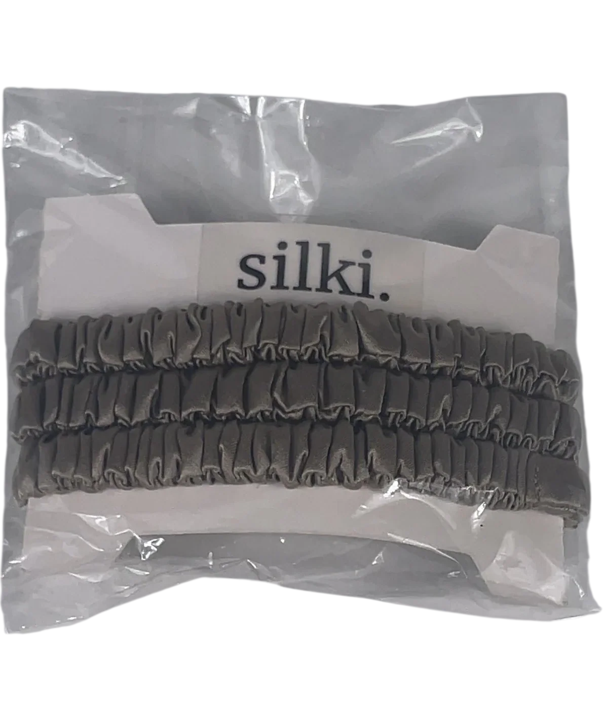 SILKI. Grey Set of 3 Luxury 100% Mulberry Silk Hair Scrunchies — front