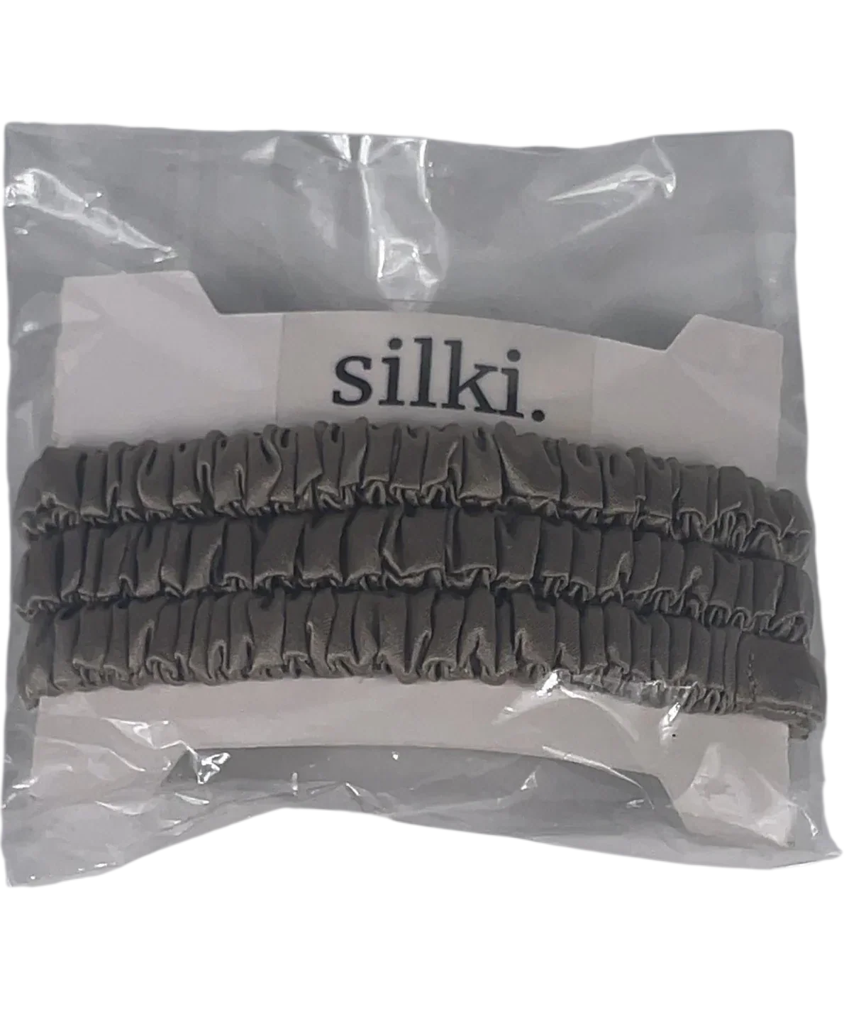 SILKI. Grey Set of 3 Luxury 100% Mulberry Silk Hair Scrunchies — front