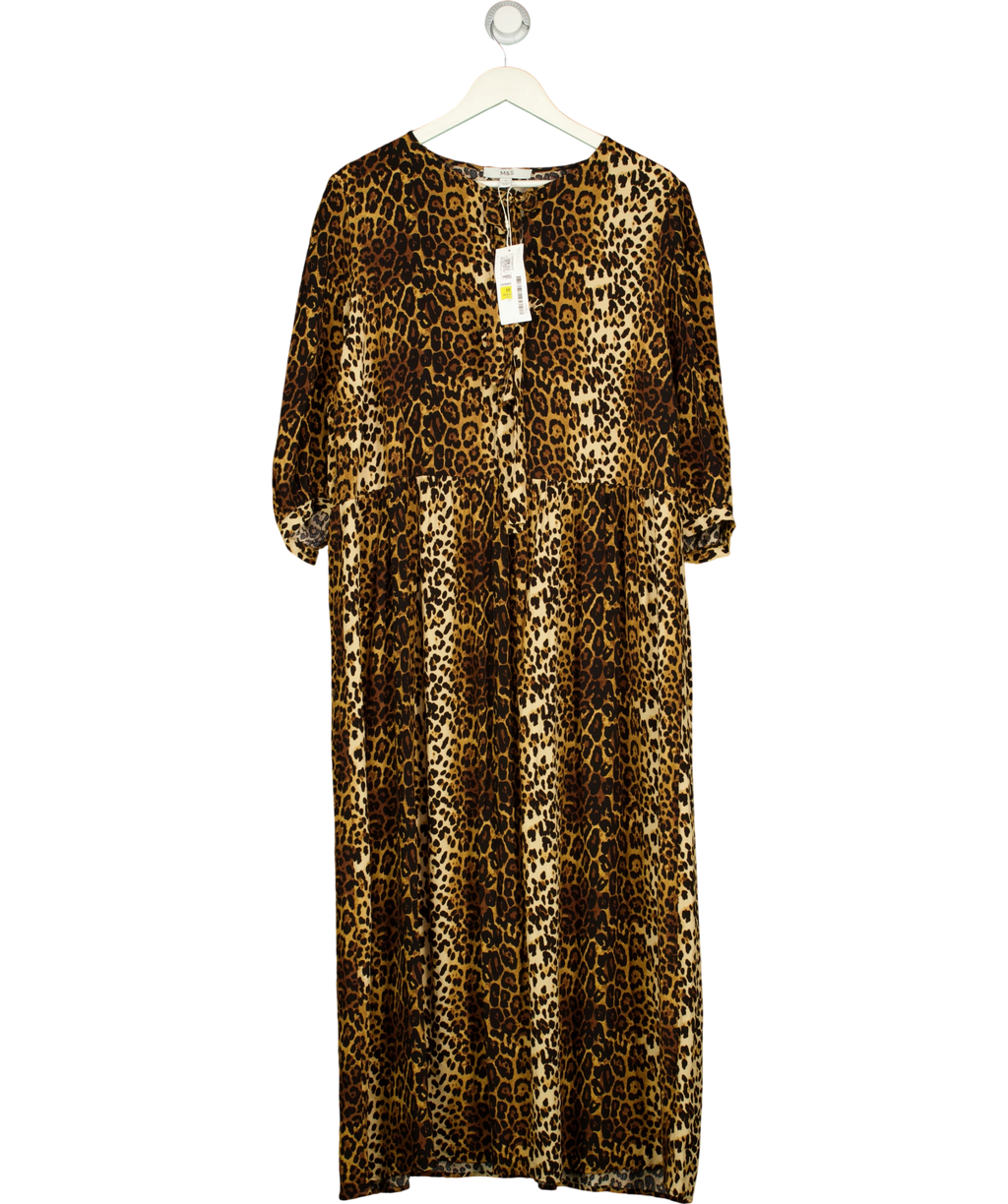 M&S Brown Puff Sleeve Bow Front Leopard Midaxi Dress UK 16 — Front