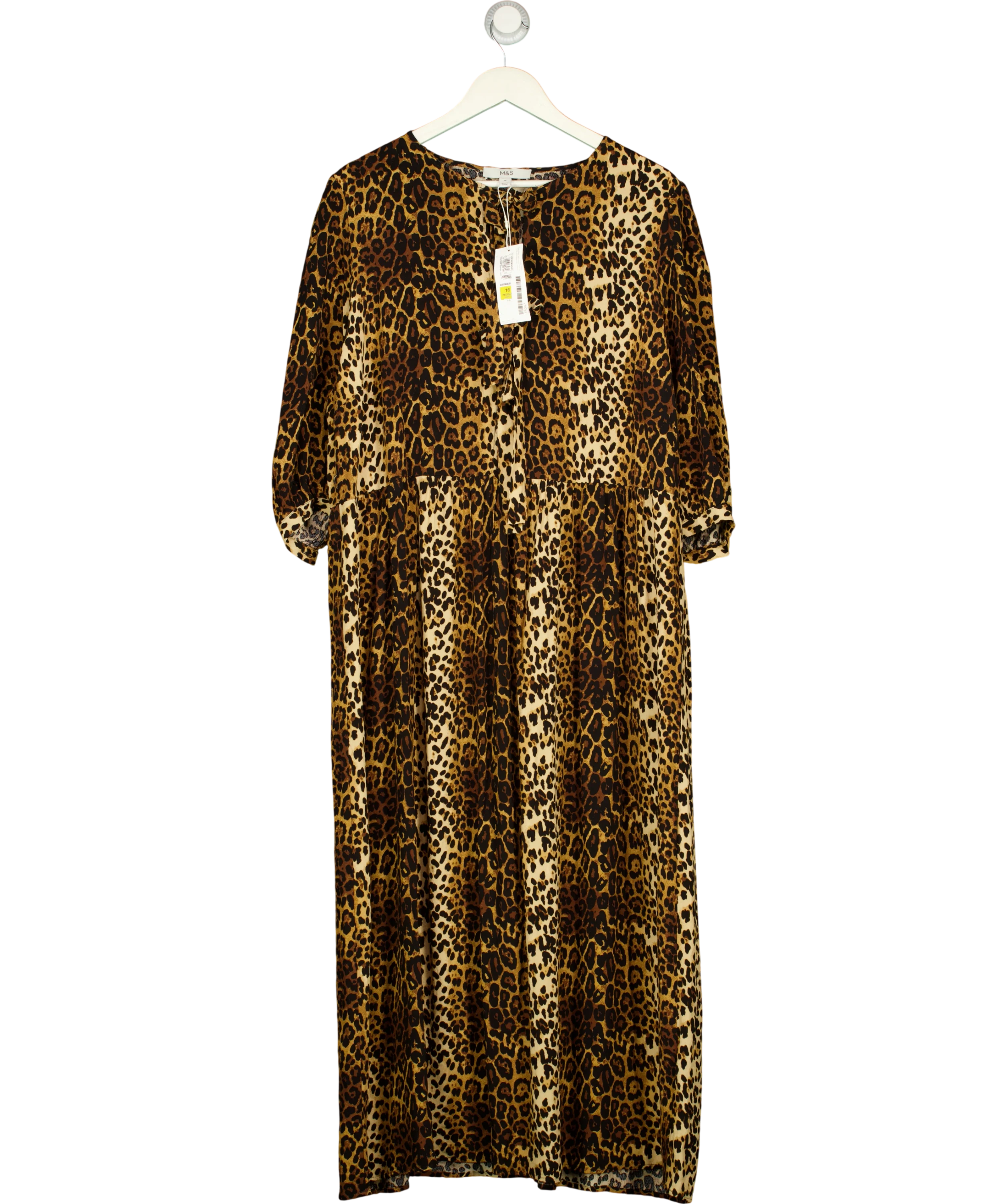M&S Brown Puff Sleeve Bow Front Leopard Midaxi Dress UK 16 — Front